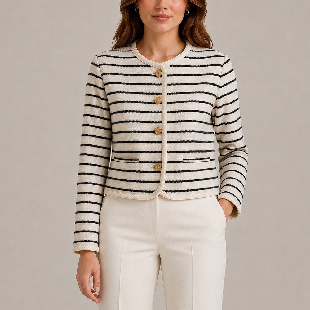 Abercrombie & Fitch Tweed Jacket M Cream Black Striped Gold Button